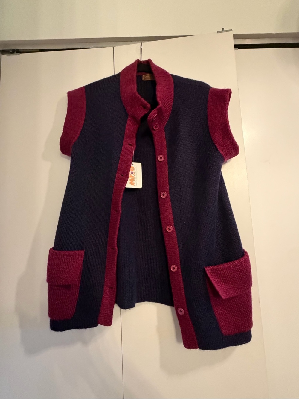 Vintage YSL Two-Tone Navy and Burgundy Knit Vest Jacket - amazing condition